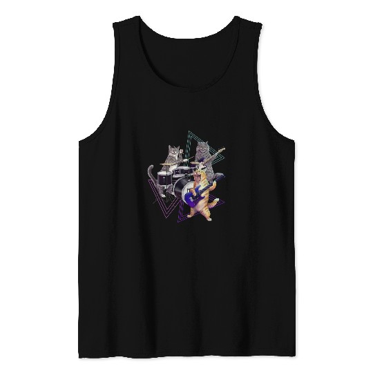 Funny Drummer Cat band Rock kitties on bass guitar and drum set Tank Tops