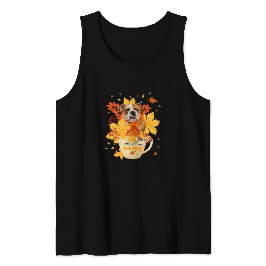 English Bulldog Pet Hello Autumn Thanksgiving Bulldog Inside Cup Fall Leaves Tank Tops