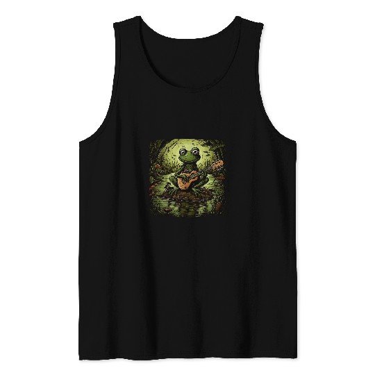 Funny Guitar Cute Frog Playing Guitar Next To A Pond Men Women Children Tank Tops