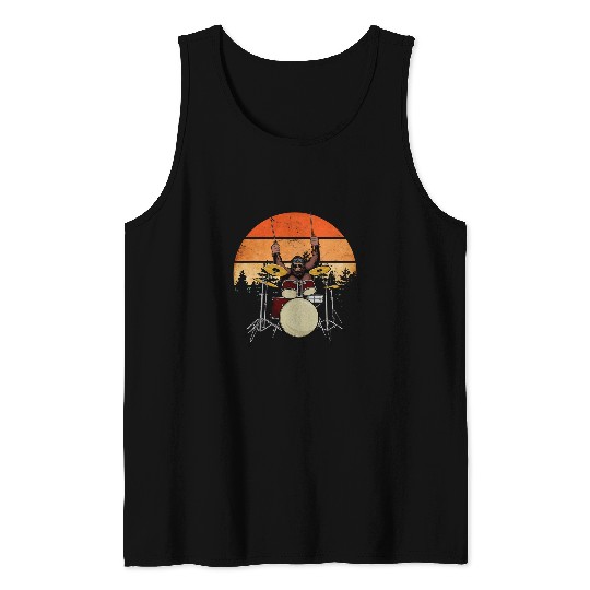 Funny Drummer Retro bigfoots Drummer Art Funny Sasquatch Playing Drums Tank Tops