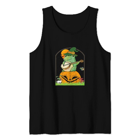 Funny Banjo Frog Cottagecore Aesthetic Halloween Frog Playing Banjo Pumpkins Tank Tops