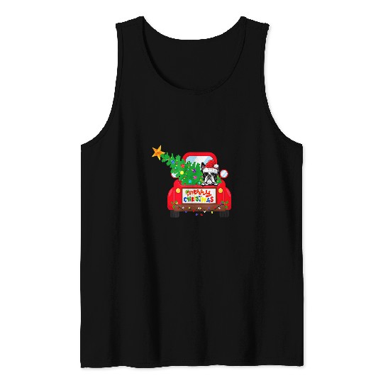 Boston Terrier Pet riding red truck christmas pajama Tank Tops
