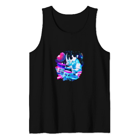 Funny Drummer Rhino Gift Playing Drums in Space Outer Space Music Rhino 1 Tank Tops