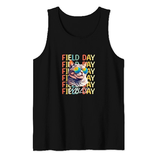 School Field Day Vibes Summer 2024 Retro Cat Teachers Kids Tank Tops