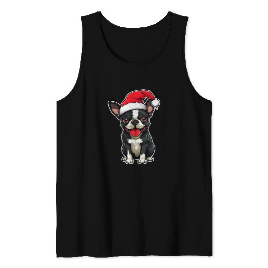 Boston Terrier Pet Santa Hat xmass Dog Lover Christmas Tank Tops
