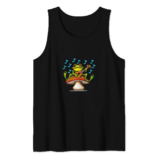 Funny Banjo Frog Lovers Cute Green Frog Playing Banjo on Mushroom Fungi Tank Tops