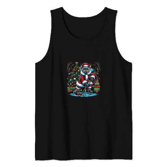 Sport Hockey Santa Devon rexs Cat Playing Hockey Tank Tops