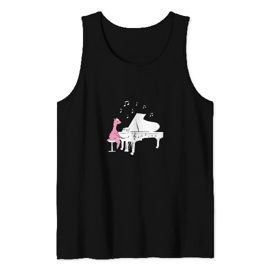 Funny Piano Lama Llama Cute Alpaca Playing Piano Music Note Clef Musician Art Tank Tops