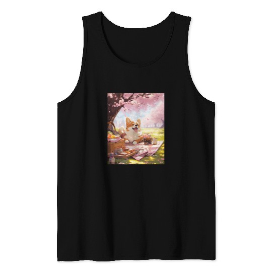 Corgi Pet Cherry Blossom Funny Dog Picnic Tank Tops
