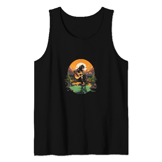 Funny Guitar Lake Mountain Acoustic Guitar Chimpanzee Tank Tops