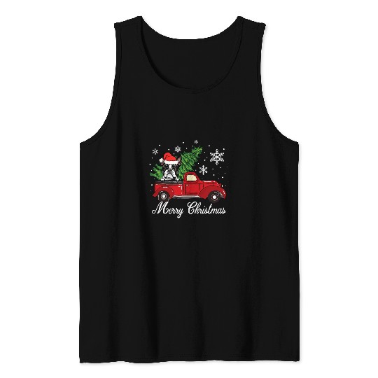 Boston Terrier Pet Riding Red Truck Merry Christmas Pajama Tank Tops