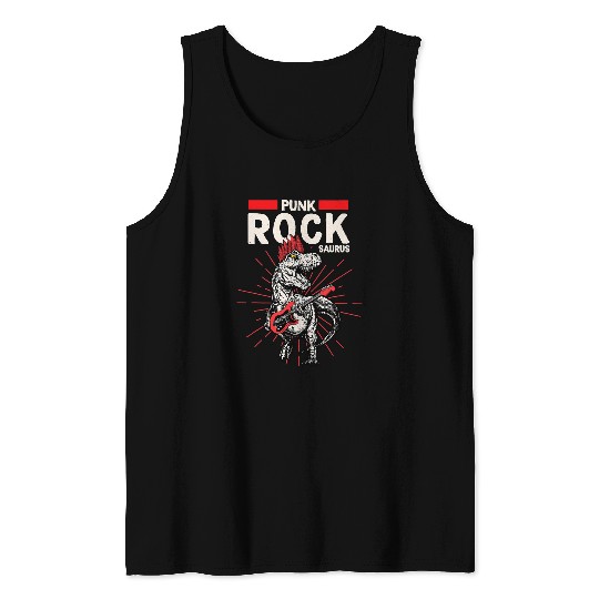 Funny Guitar Punk Rock Saurus TRex with Guitar Rocker Guitarist Dinosaur Tank Tops