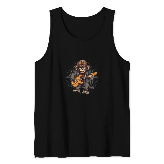 Funny Guitar Monkey Chimpanzee Playing Acousitc Rock Guitar Tank Tops