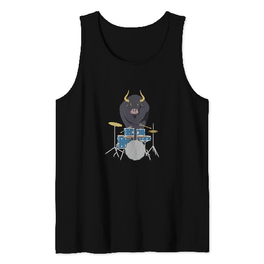 Funny Drummer Rockstar bull Safari Zoo Animal Drummer Drums Player Music Tank Tops