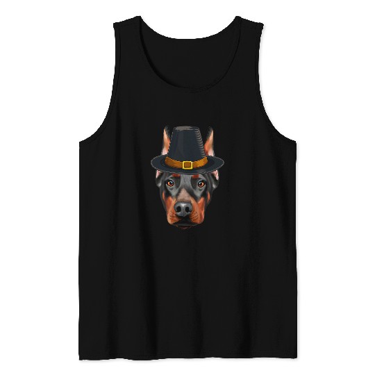 Doberman Pet Pinscher Wearing Pilgrim Hat Thanksgiving Tank Tops