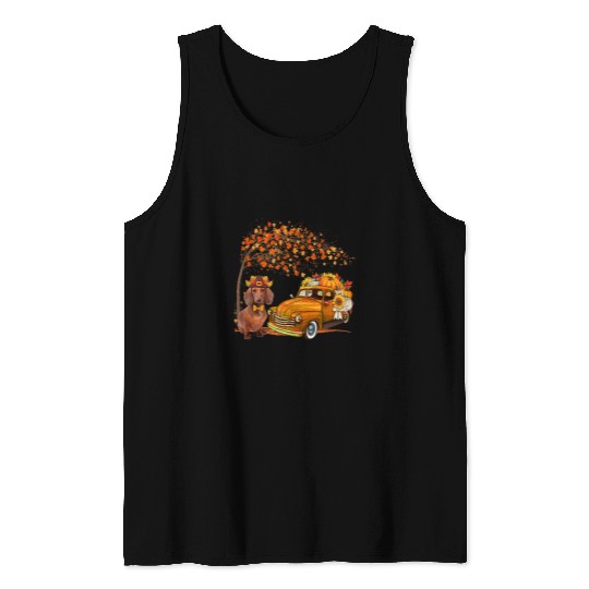 Dachshund Pet Wearing Hat Fall Tree Pickup Truck Pumpkins Tank Tops