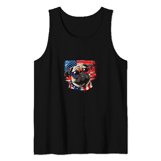 Pug Pet dog holder dog lover pug with sunglasses us usa flag 1 Tank Tops