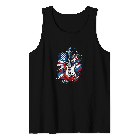 Funny Guitar American Flag Country Music Guitar Patriotic 4th of July Tank Tops