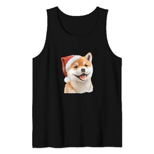 Shiba Inu Pet Watercolor Cute Shiba Inu In Santa Hat For Tank Tops