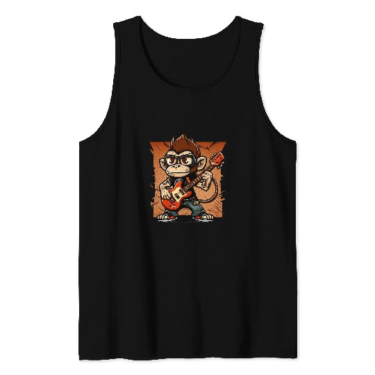 Funny Guitar Monkey Chimpanzee Playing Acousitc Rock Guitar 1 Tank Tops