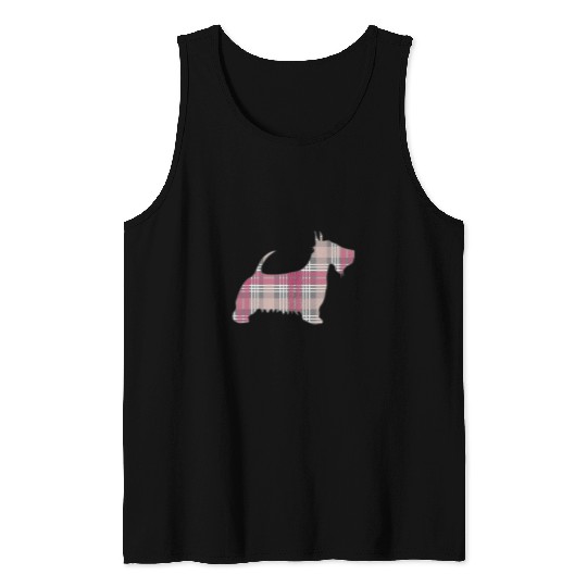 Scottish Terrier Pet Pink White and Grey Tartan Scottish Terrier Dog Silhouette Tank Tops