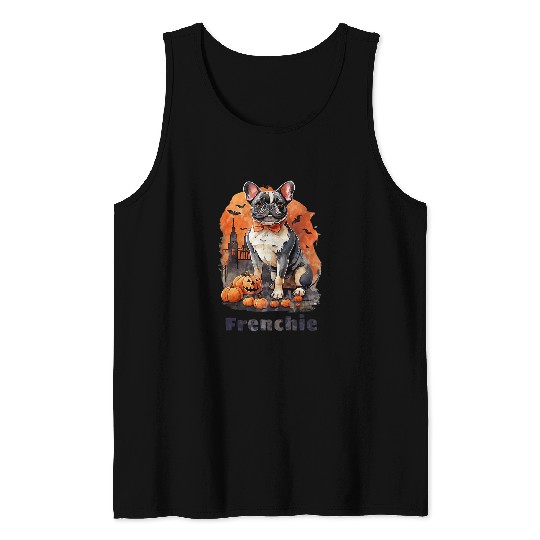 French Bulldog Pet with pumpkin Halloween moon scary cemetery Tank Tops