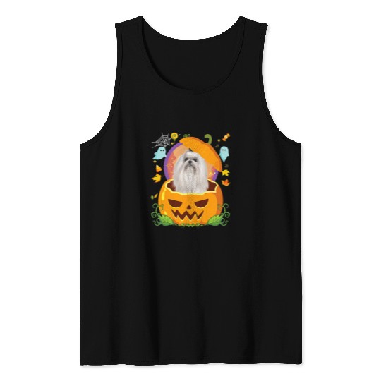 Maltese Pet Happy Halloween Pumpkin Maltese Dog Witch Cute Hat Lover Tank Tops