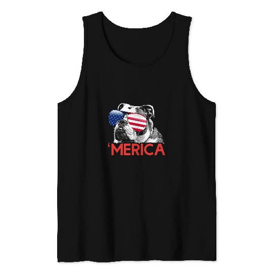 English Bulldog Pet Merica Bulldog American Flag 4th of July Tank Tops