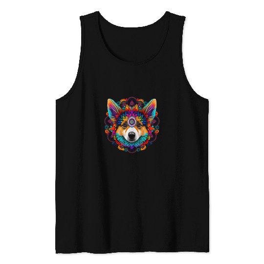 Corgi Pet Dog Face Colorful Mandala Rainbow Yoga Pattern 31 Tank Tops