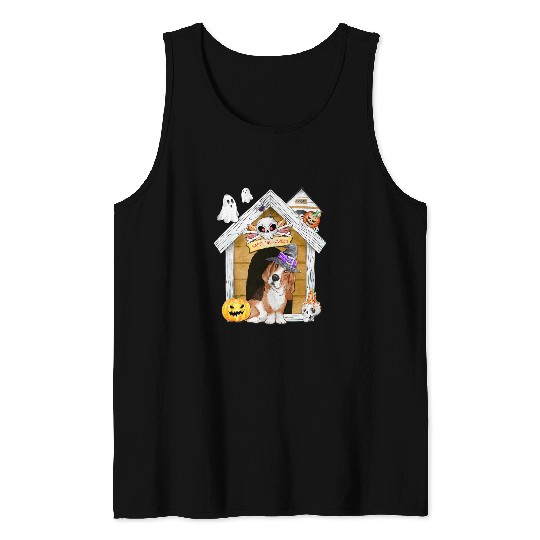 Basset Hound Pet Halloween Basset Hound Dog Witch Haunted House Tank Tops