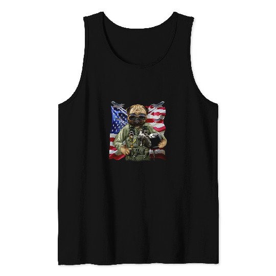 Pug Pet Fighter Jet Pilot with Flag of USA Tank Tops