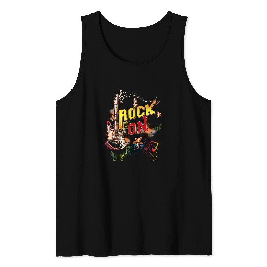 Funny Guitar Vintage Rock and Roll Skull Guitarist Retro 80s Rock Skull Tank Tops