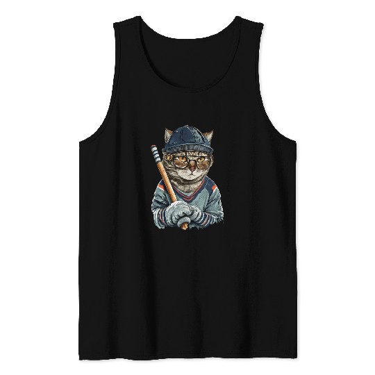 Sport Hockey Cat vintages Retro Cat Playing Hockey Hockey Stick Kitties Love 2 Tank Tops
