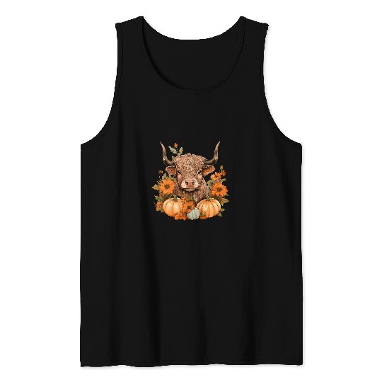 Highland Cow Pumpkins Happy Fall Thanksgiving Autumn Farmer Tank Tops