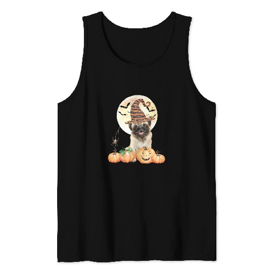 Pug Pet Halloween Pug With Witch Hat Full Moon Bats Spider Dog Pug 322 Tank Tops