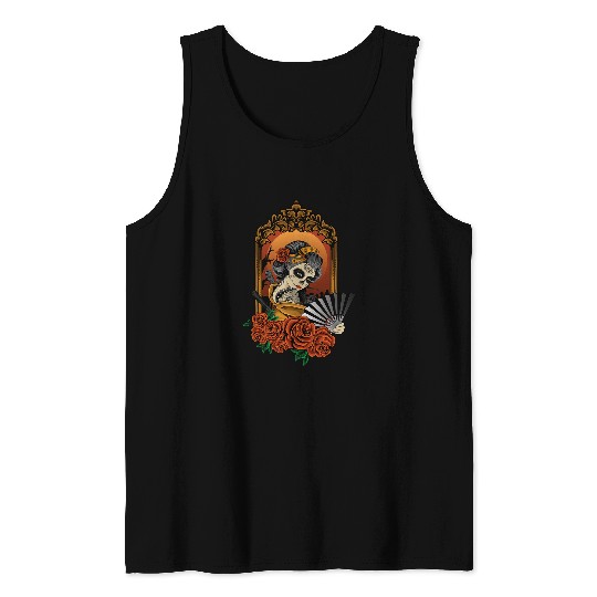 Calavera Geisha Skeletons Japanese Latino Sugar Skull Roses Tank Tops