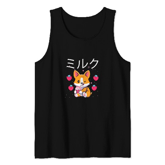 Corgi Pet Welsh Corgi Strawberry Milk Japanese Aesthetic Tank Tops