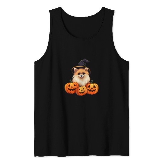 Pomeranian Dog with Jack O lantern Pumpkin Halloween Costume Tank Tops