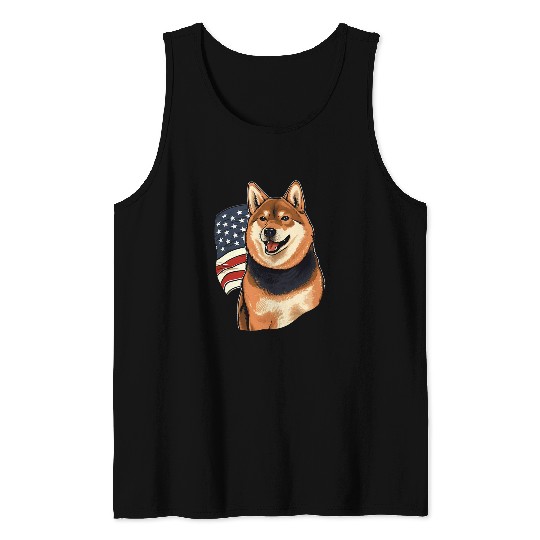 4th Of July US Flag Black and tan Shiba Inu 3 Tank Tops