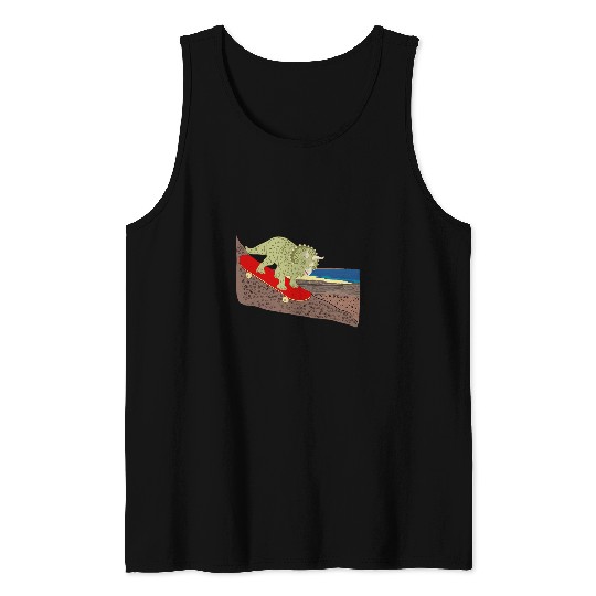 Dinosaur Pet Dinosaur Triceratops riding skateboard Volcanic landscape Tank Tops