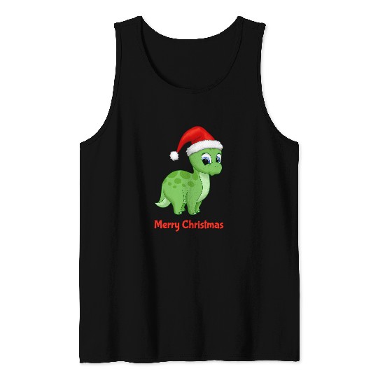 Dinosaur Pet Cute Green Baby Brontosaurus Dinosaur Christmas Santa Hat Tank Tops