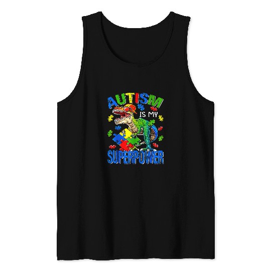 Autism Puzzle Dino Boys Kids Autism Is My Superpower Tank Tops