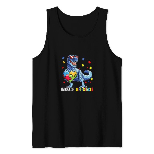 Autism Puzzle Dino Embrace Differences ASD Spectrum Dinosaur Tank Tops