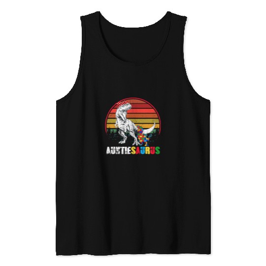 Autism Puzzle Dino Cute Auntiesaurus T rexs Dinosaur Aunt Autism Awareness Month Tank Tops