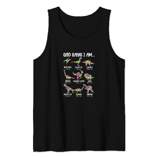 Autism Puzzle Dino Christian I am Bible Verses Christian Dinosaur Tank Tops