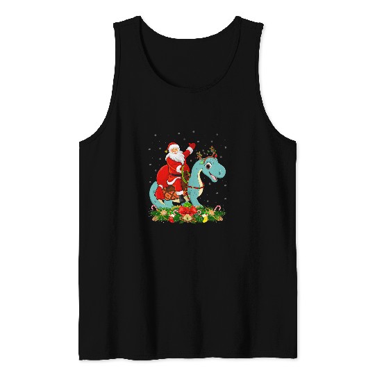 Dinosaur Pet Funny Santa Riding Brontosaurus Dinosaur Christmas Tank Tops