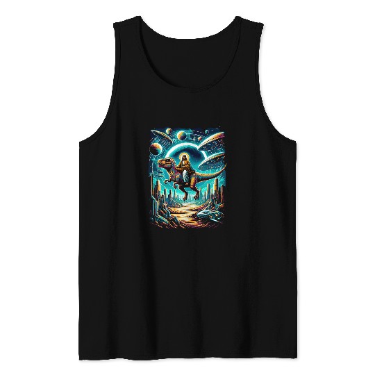 Dinosaur Pet Jesus Riding Space TRex Dinosaur Meme UFO SciFi Believers Tank Tops