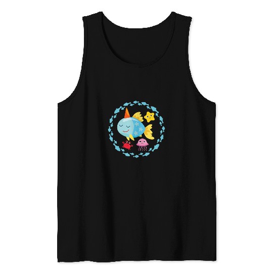 Unicorn Pet Colourful unicorn fish starfish crab jellyfish in the circle of fish Tank Tops