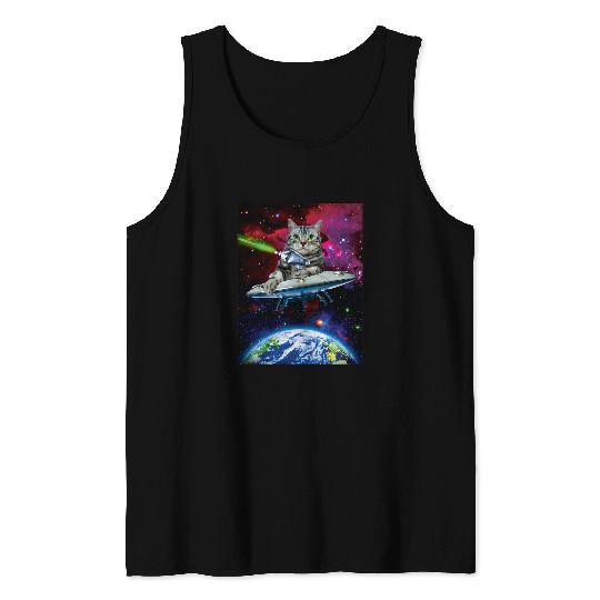 Aliens UFO Space Cat UFO Alien In Outerspace Tank Tops