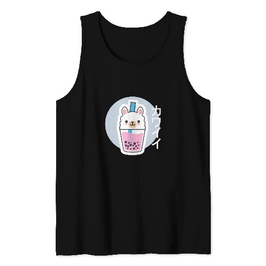 Llama Pet Bubble Tea Cute Kawaii Llama Alpaca Japanese Kanji Tank Tops